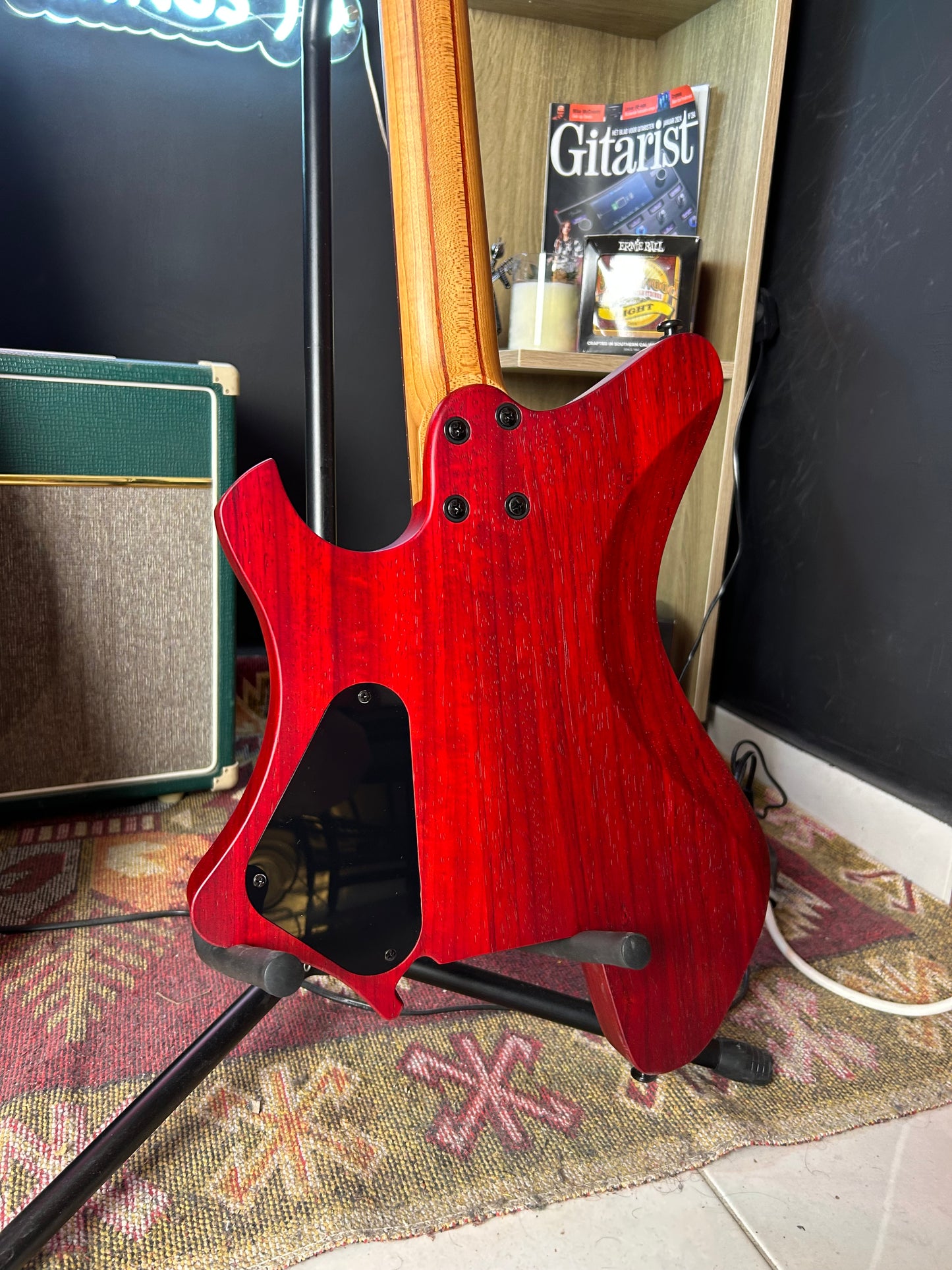 * Brand New * Eart Headless GW2 Poplar Burl Blue Electric Guitar + Original carrying case