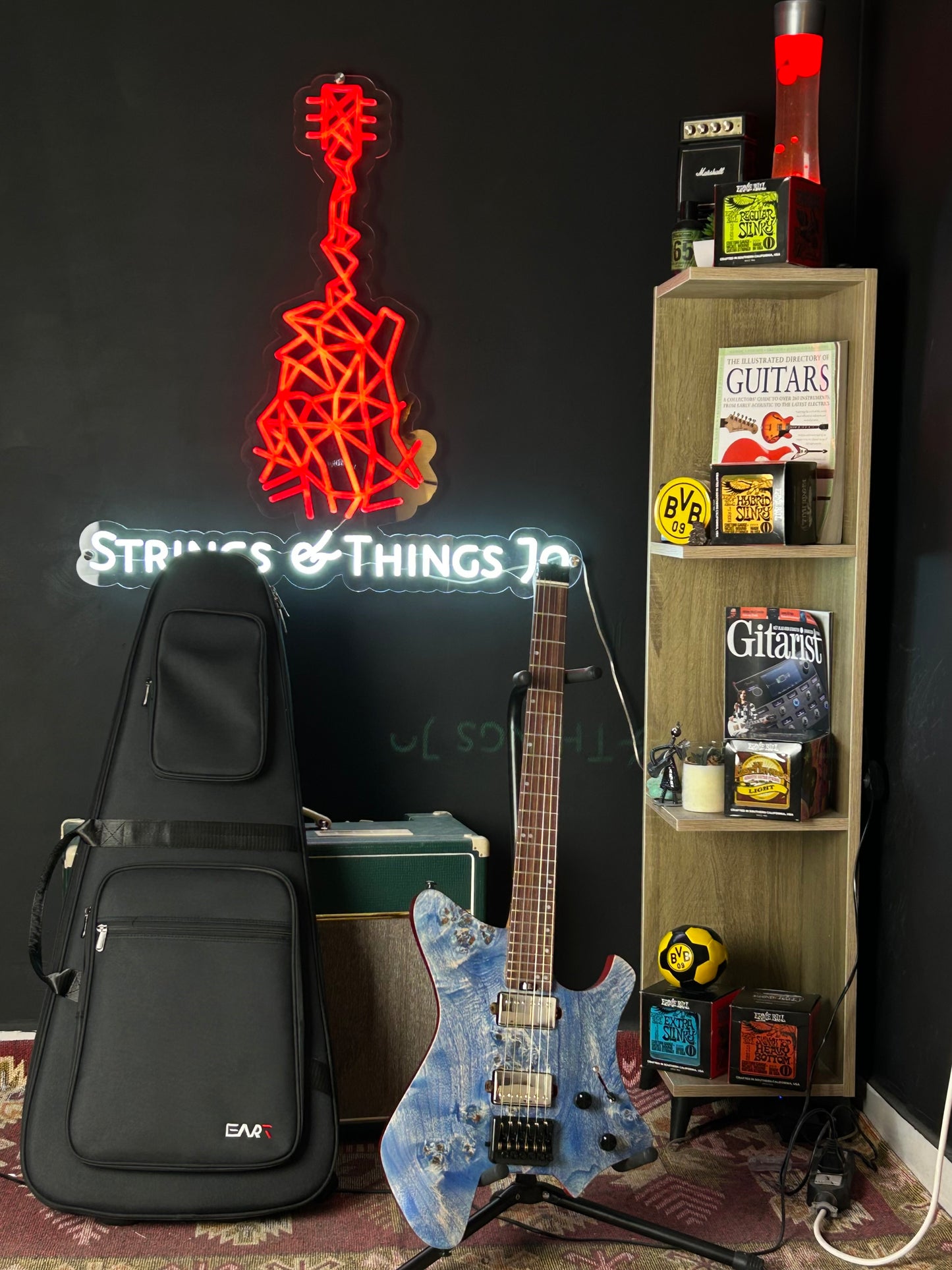 * Brand New * Eart Headless GW2 Poplar Burl Blue Electric Guitar + Original carrying case