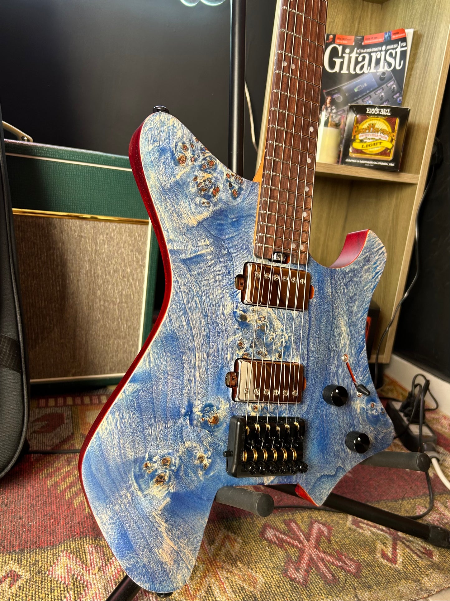 * Brand New * Eart Headless GW2 Poplar Burl Blue Electric Guitar + Original carrying case