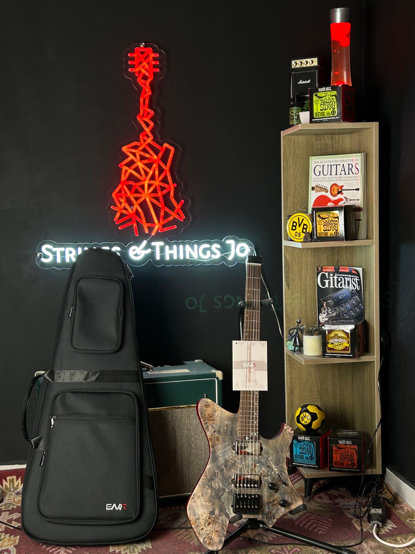 * Brand New * Eart Headless GW2 Poplar Burl Natural Electric Guitar + Original carrying case