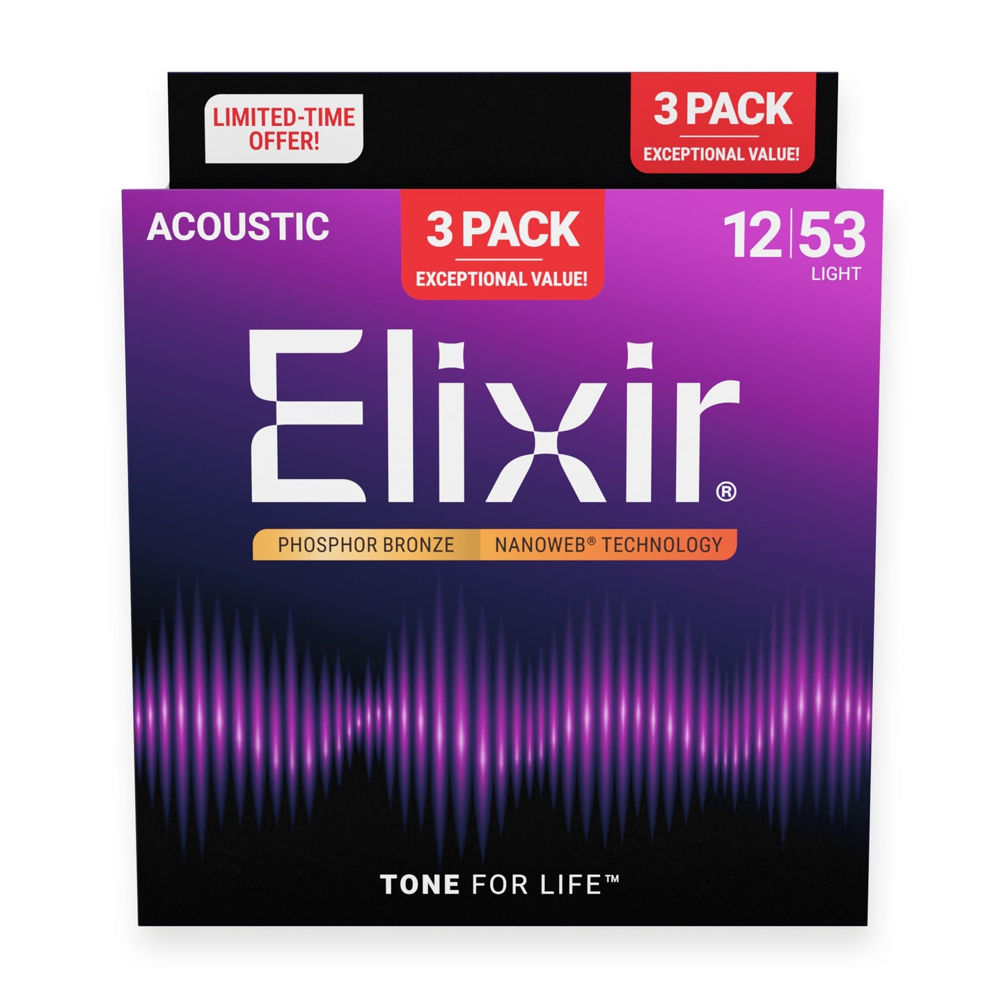 Elixir Nanoweb® 80/20 Bronze custom lights Acoustic Guitar Strings (12-53)