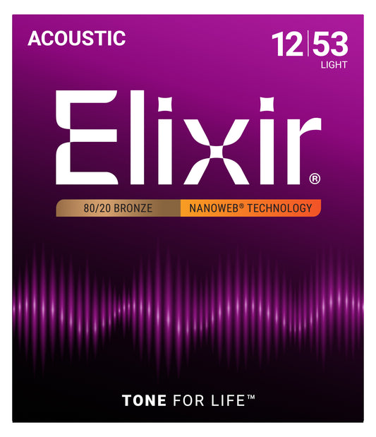 Elixir Nanoweb® 80/20 Bronze custom lights Acoustic Guitar Strings (12-53)