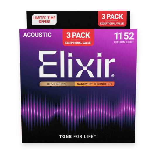 Elixir Nanoweb® 80/20 Bronze custom lights Acoustic Guitar Strings (11-52)