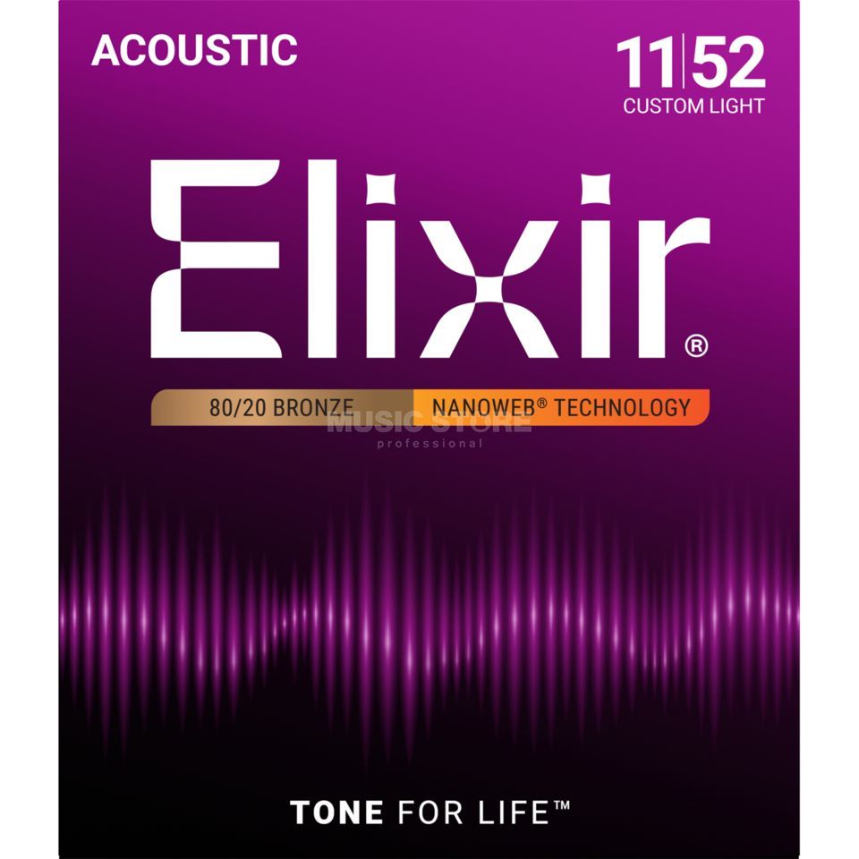 Elixir Nanoweb® 80/20 Bronze custom lights Acoustic Guitar Strings (11-52)