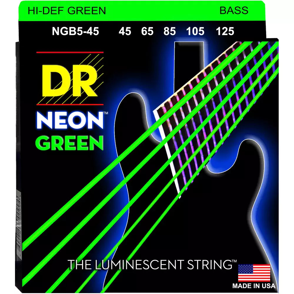 Bass Thing String Instrument DR NEON Green Electric Bass Strings – 5-String Set – Strings & Things Jo